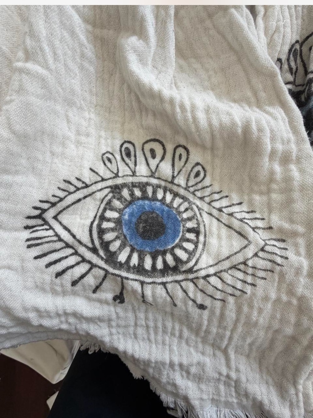 NOHO CANDLE CO Cream Evil Eye Fringed Linen Duster Kimono Coverup OS - Picture 6 of 7
